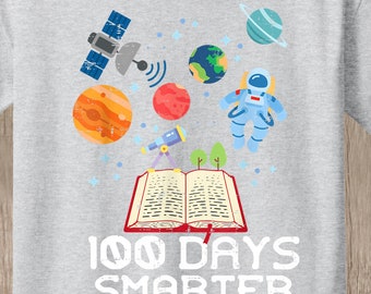 100th Day of School T Shirt. 100 days smarter.  Astronaut - space design. Several shirt colors available.  Celebrate 100 days of school.