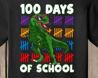 100th Day of School T Shirt with dinosaur and tally marks. Several shirt colors available.  Celebrate 100 days of school.