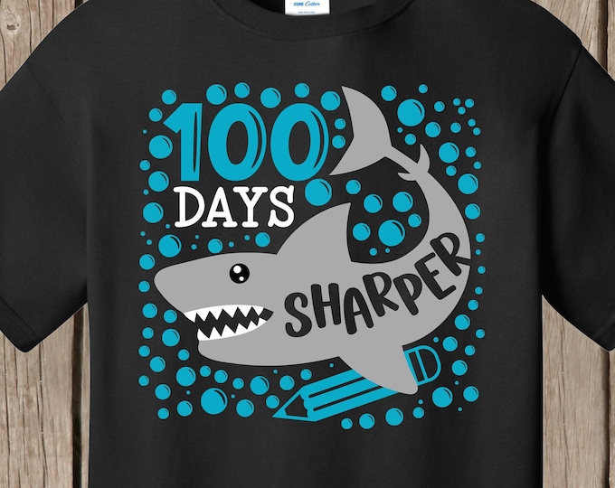 100th Day of School T Shirt black  - 100 bubbles with shark - 100 days sharper