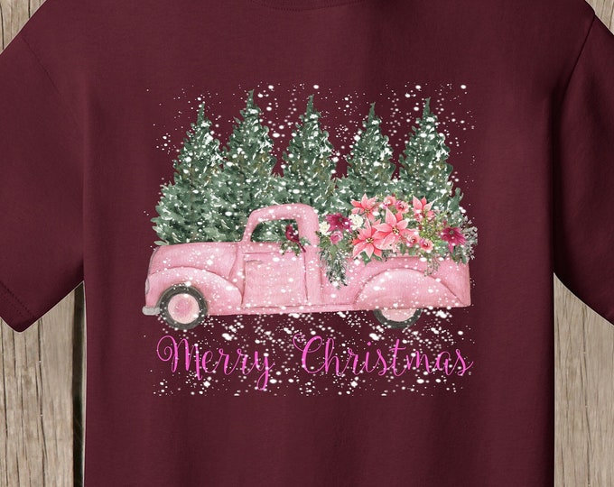Vintage Pink Truck T Shirt Snow Merry Christmas Tee Watercolor Truck