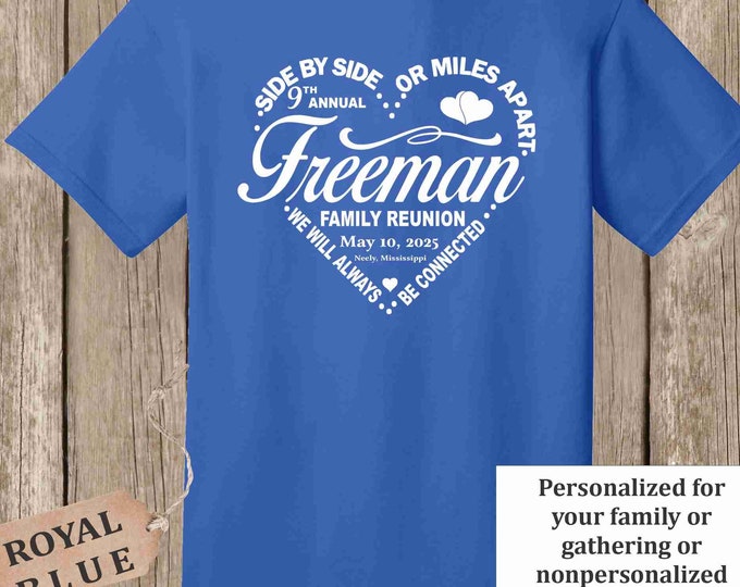 Family Reunion T Shirt -Side by Side or Miles Apart... heart design w your family name, year, location if you wish - bulk discount avail ROY