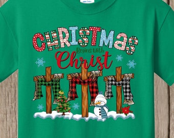 Christian Christmas T shirt Buffalo Plaid Tee shirt Regular T shirt many colors and sizes Christmas Begins with Christ 3 Crosses