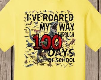 100th Day of School T Shirt  - 100 dinosaurs - I've roared my way through 100 days of school Ships very quickly Now in gray, white, sand,red