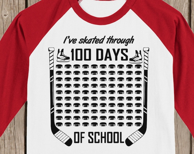 Hockey 100th Day of School Raglan T Shirt I've skated through 100 days of school 3/4 sleeve baseball style shirt. Celebrate 100 school days!