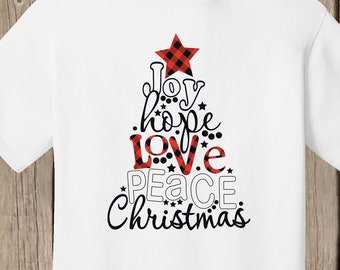 Joy Hope Love Peace Christmas white T Shirt - wording in shape of Christmas Tree - with red and black plaid star at top