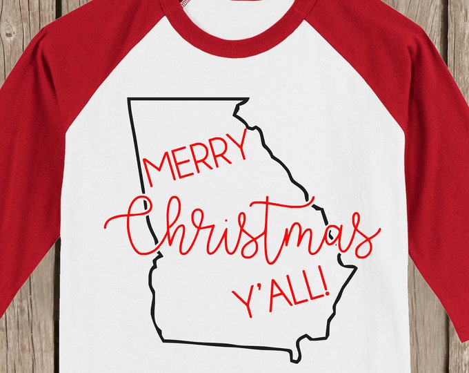 Georgia Merry Christmas Y'all T shirt 3/4 sleeve baseball style raglan - several colors available