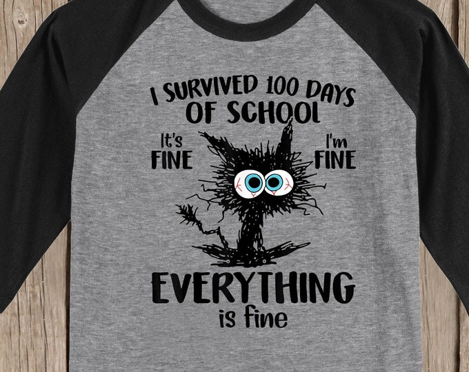 100th Day of School Raglan baseball style T Shirt - Crazy cat - I survived 100 days of school.  It's fine.  I'm fine.  Everything is fine.