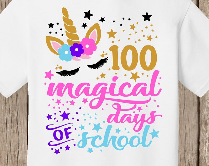 100th Day of School T Shirt white  - 100 magical days of school - unicorn with 100 stars - Celebrate 100 days of school!!  Ships quickly