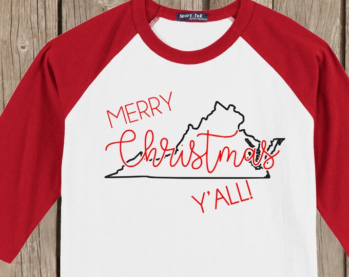 Virginia Merry Christmas Y'all T shirt 3/4 sleeve baseball style raglan - several colors available