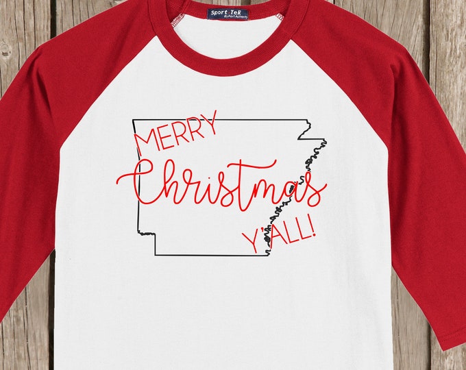 Arkansas Merry Christmas Y'all T shirt 3/4 sleeve baseball style raglan - several colors available