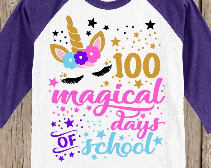 100th Day of School Raglan Baseball style T Shirt - unicorn with 100 magical days of school - design has 100 stars