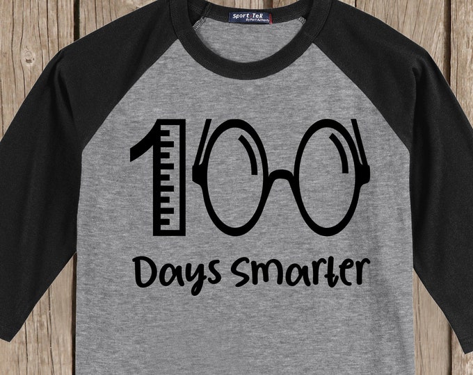 100th Day of School Raglan baseball style T Shirt - 100 days smarter with ruler and eye glasses