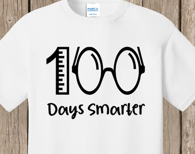 100th Day of School T Shirt white  - 100 days smarter with ruler and eyeglasses.   Ships very quickly