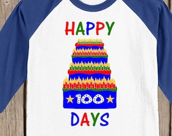 100th Day of School Raglan T Shirt - Birthday Cake in blue, green, and red 3/4 sleeve baseball style shirt Celebrate 100 days of school