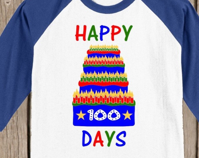 100th Day of School Raglan T Shirt - Birthday Cake in blue, green, and red 3/4 sleeve baseball style shirt Celebrate 100 days of school