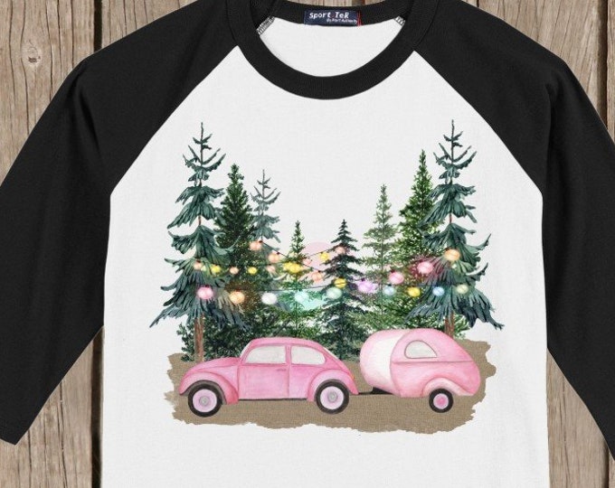 Vintage Antique Retro Pink Christmas Car and Camper Holiday T shirt 3/4 sleeve baseball style raglan - several colors available