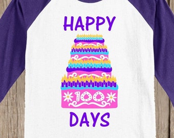 100th Day of School Raglan T Shirt - Birthday Cake in pink, purple, aqua blue 3/4 sleeve baseball style shirt Celebrate 100 days of school