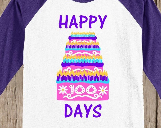 100th Day of School Raglan T Shirt - Birthday Cake in pink, purple, aqua blue 3/4 sleeve baseball style shirt Celebrate 100 days of school