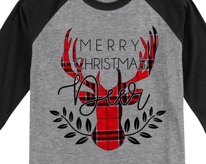 Merry Christmas Deer Plaid T Shirt 3/4 sleeve baseball style Reindeer raglan - several color and size options - Rudolph shirt