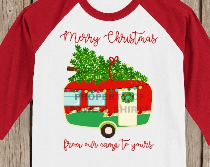 Vintage Retro Camper Merry Christmas from our camp to yours T shirt 3/4 sleeve baseball style raglan - several colors available