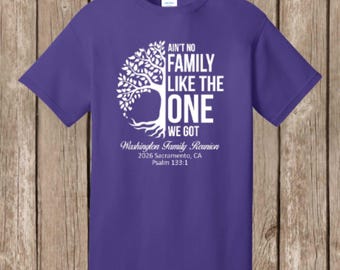 Washington Family Reunion T shirts - PURPLE or WHITE - Ain't No Family/Half tree design - please order 3-4 weeks before needed