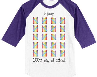 100th Day of School Raglan T Shirt - several sleeve color options - Celebrate 100 days of school!! 100 Colorful Crayons