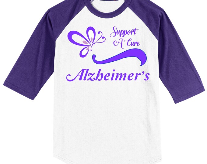 Alzheimer's Awareness Raglan T shirt (3/4 sleeve) - Support A Cure - Alzheimer's - white with purple sleeves sizes YXS - Adult 6X - 0616