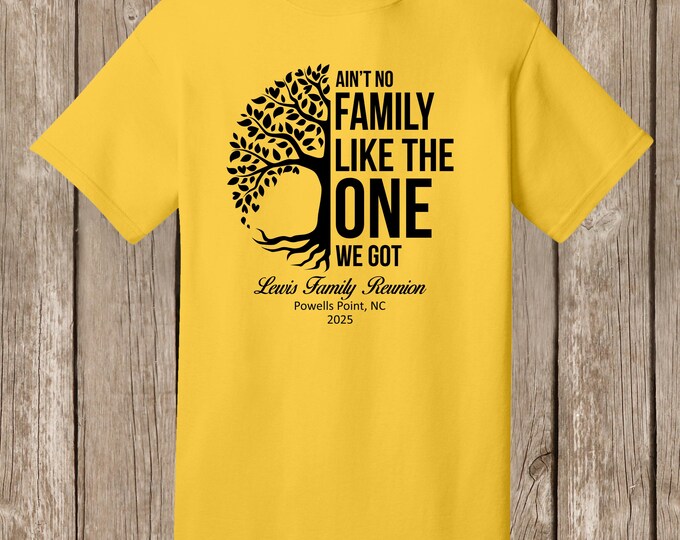 Lewis Family Reunion T Shirts - special listing - 4 LEMON YELLOW shirts - Half Tree Ain't No... - black print