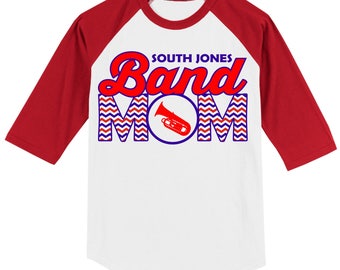 Personalized Band Mom T Shirt Raglan Your Choice of Print, Shirt Color, Team Name, and BAND INSTRUMENT of your choice