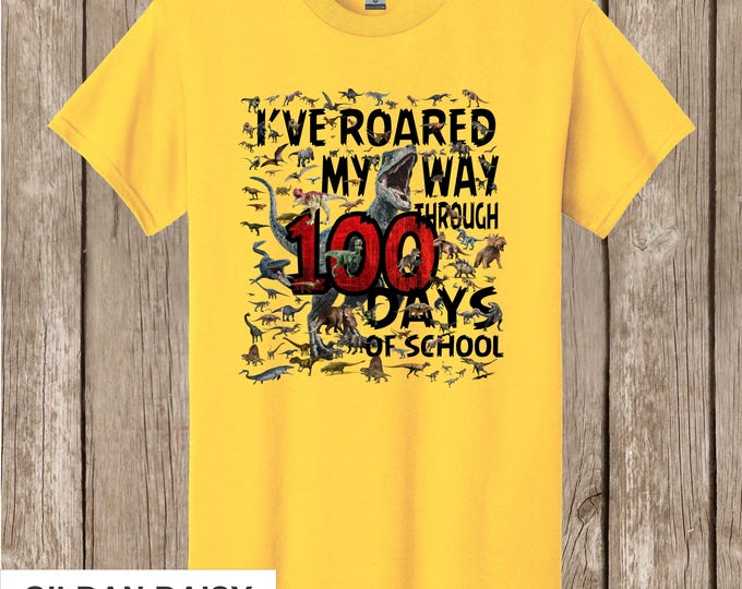 100th Day of School T-Shirt - "Roared" Dinosaurs Gildan daisy yellow
