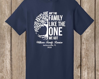 Williams Family Reunion T shirts - various shirt colors-white print-front-Ain't No Family/Half tree design-please order 6 wks before needed