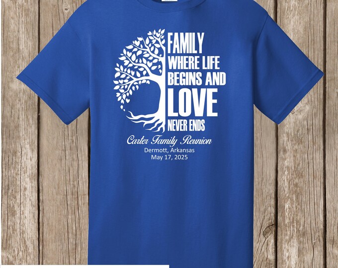 Carter Family Reunion T Shirt -  TRUE royal blue shirt with white print - front print - please order at least 4 weeks before needed