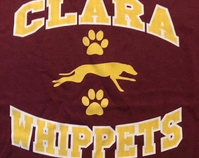 Clara Whippets maroon T shirt size ADULT medium, ADULT small, or YOUTH medium Mississippi High School Spirit shirt Clearance Item one shirt