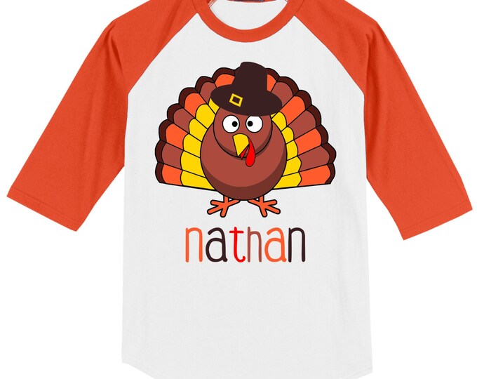 Thanksgiving T shirt - 3/4 sleeve baseball style raglan, customized with name