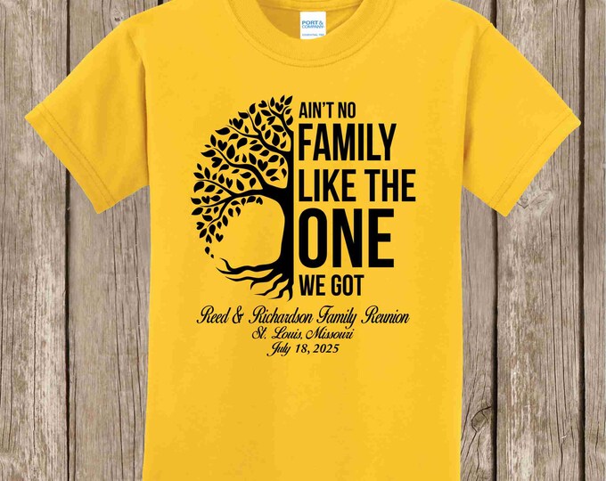 Reed and Richardson Family Reunion T Shirts - 72 LEMON YELLOW shirts - front print only - black ink - half tree...