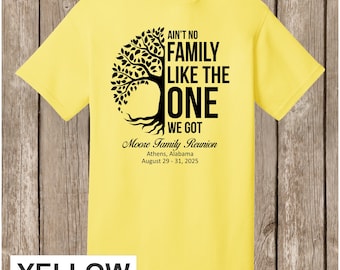 Moore Family Reunion T Shirts - special listing -  2 YELLOW T shirts - 1 L, 1 XL- front print - Half Tree design