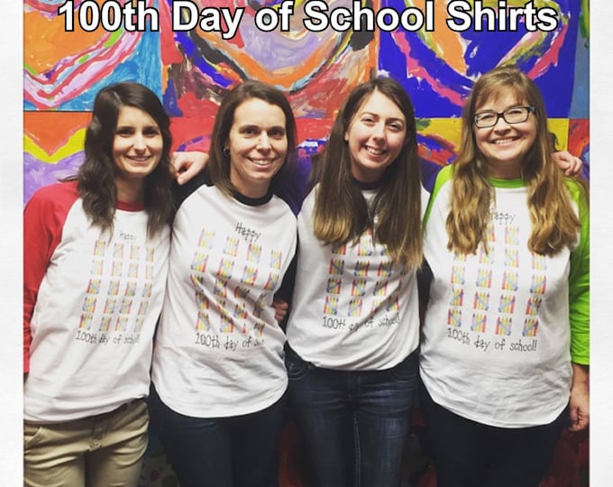 100th Day of School Raglan T Shirt - several sleeve color options - Celebrate 100 days of school!! 100 Colorful Crayons