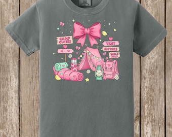 Comfort Colors Girls' Camping T shirt, pink bow girly design, tent, sister, summer camp, best friends - one unisex T shirt