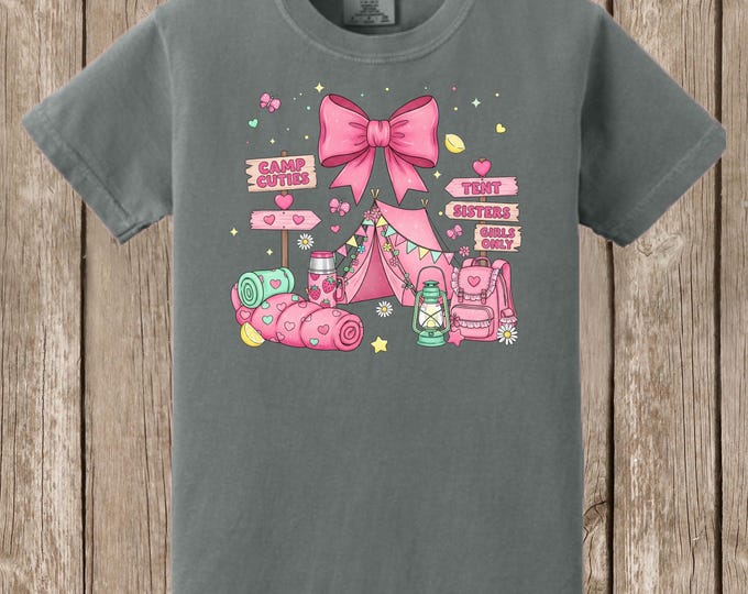 Comfort Colors Girls' Camping T shirt, pink bow girly design, tent, sister, summer camp, best friends - one unisex T shirt