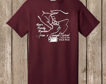 Moore Family Reunion T Shirt- MAROON shirt/white print - common threads design - please order at least 6 weeks before needed