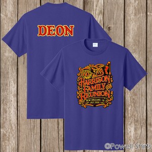 Harrison Family Reunion T Shirt- purple shirt - names on backs - please order 6 weeks before needed
