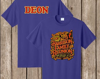 Harrison Family Reunion T Shirt- purple shirt - names on backs - please order 6 weeks before needed