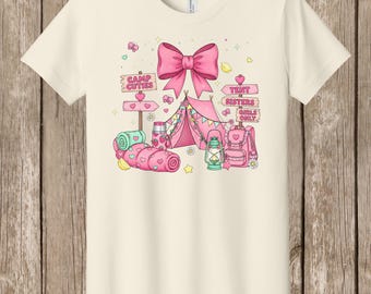 BellaCANVAS Girls' Camping T shirt, pink bow girly design, tent, sister, summer camp, best friends - one unisex T shirt