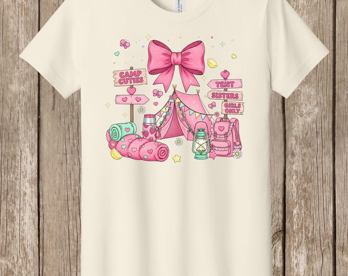 BellaCANVAS Girls' Camping T shirt, pink bow girly design, tent, sister, summer camp, best friends - one unisex T shirt