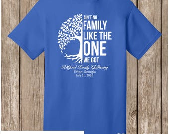 Pettiford Family Gathering T shirts - ROYAL blue - white print-front - Ain't No Family/Half tree design - please order before June 3