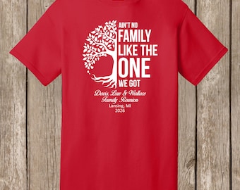 Davis, Law and Wallace Family Reunion T shirts - RED T shirts - white print-front-Ain't No Family half tree-please order 6 wks before needed