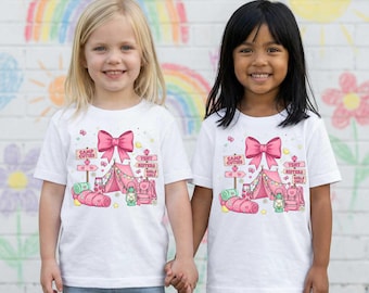 Cute Girls' Camping T shirt, pink bow girly design, tent, sister, summer camp, best friends - one regular unisex T shirt