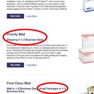 K&ouml;nnte beinhalten: Ein Screenshot der USPS-Website, auf der verschiedene Versandoptionen f&uuml;r Pakete angezeigt werden. Die Optionen umfassen Priority Mail Express, Priority Mail und First-Class Mail. Der Text auf der Seite beschreibt die verschiedenen Versandgeschwindigkeiten und Preise f&uuml;r jede Option.