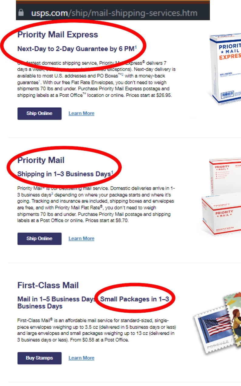 K&ouml;nnte beinhalten: Ein Screenshot der USPS-Website, auf der verschiedene Versandoptionen f&uuml;r Pakete angezeigt werden. Die Optionen umfassen Priority Mail Express, Priority Mail und First-Class Mail. Der Text auf der Seite beschreibt die verschiedenen Versandgeschwindigkeiten und Preise f&uuml;r jede Option.