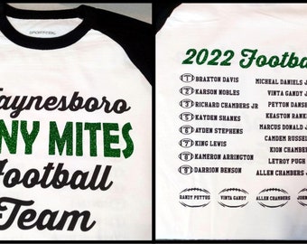 Full front and back sports T shirt 3/4 sleeve raglan (baseball style) football, basketball, baseball, soccer - any sport - glitter and print